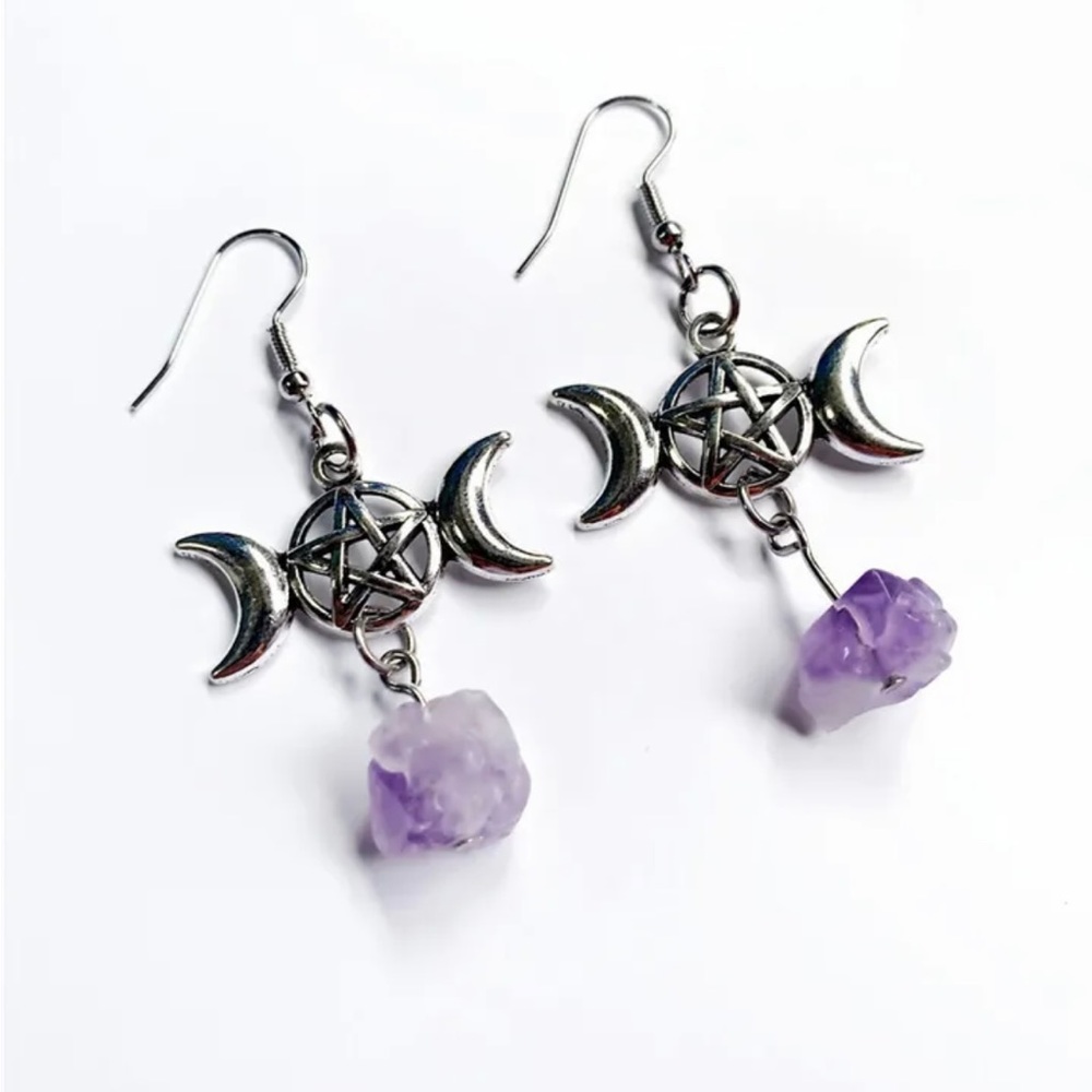 Fashion of Triple Moon Goddess Purple Irregular Crystal Drop Earrings Jewelry